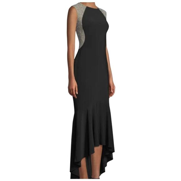 Xscape Caviar‎ Bead High Low Maxi Gown Sz 12 Black Modest Prom Wedding Formal - Picture 1 of 10